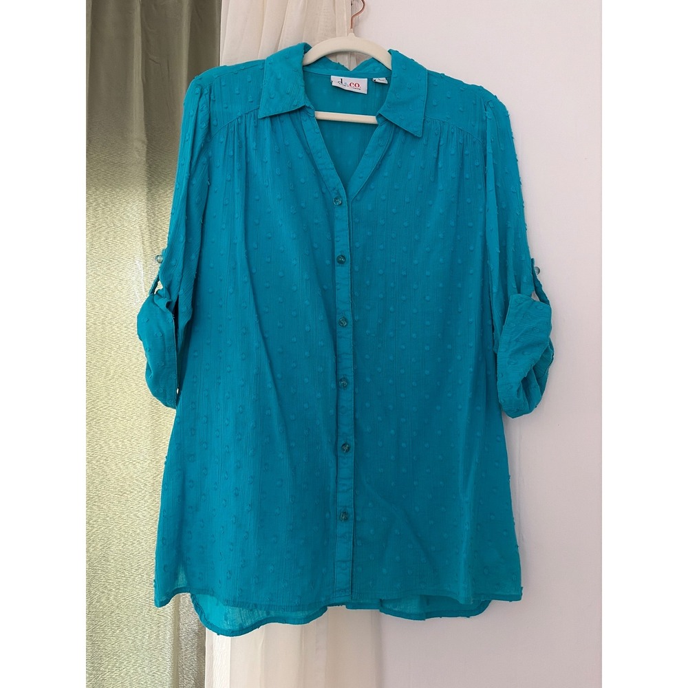 D&Co Bubble‎ Button Blouse Womens L Turquoise Clip Dot Roll Tab Sleeve Smocked